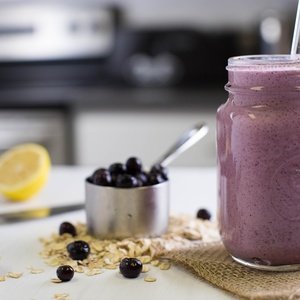 Purple smoothie named Blueberry Cheesecake
